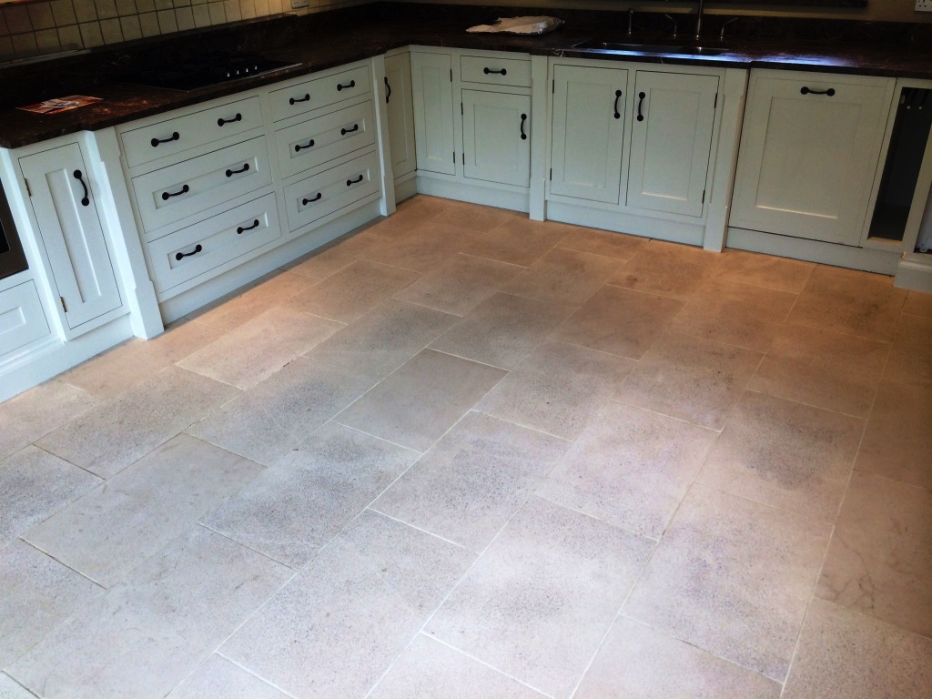 Limestone Kitchen Floor in Crookham before cleaning