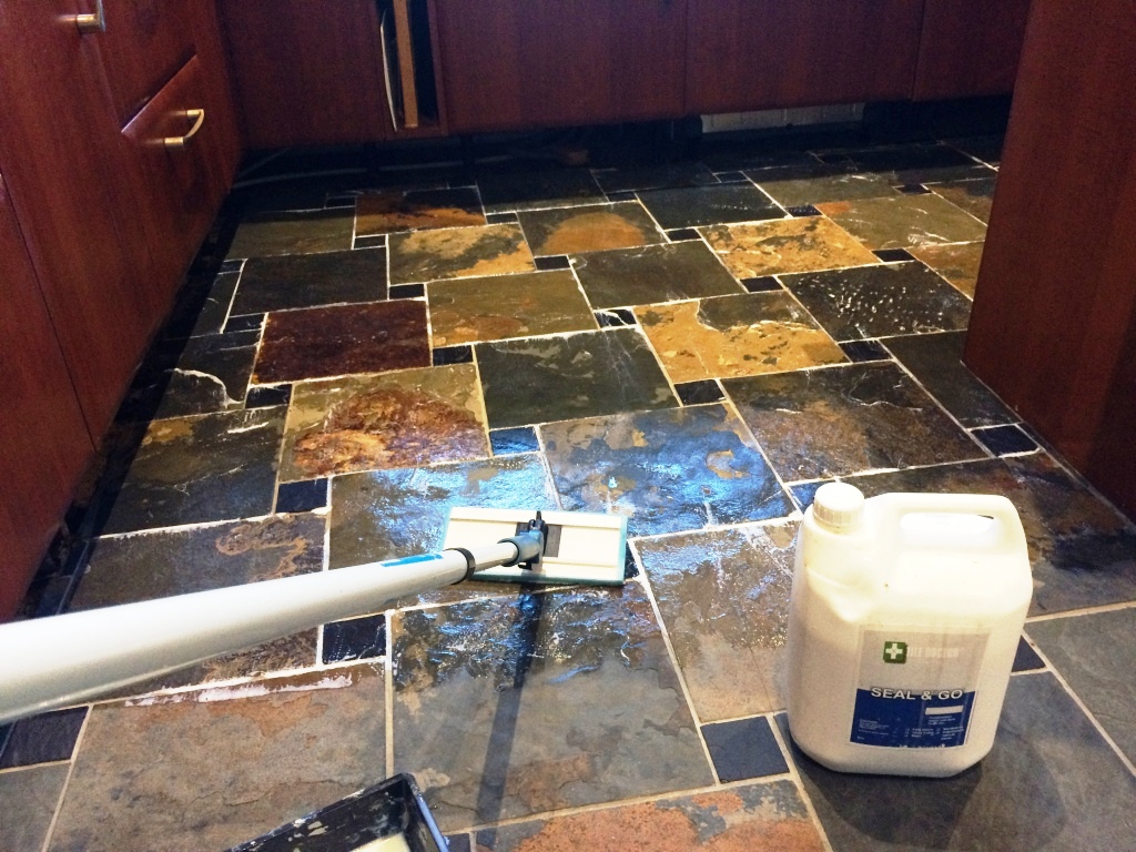 Slate Tiled Kitchen Floor During Sealing Spencers Wood