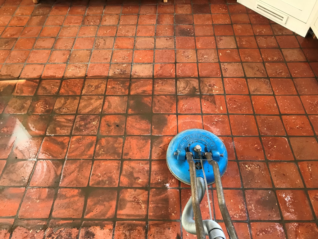 Quarry Tiled Kitchen Floor Bucklebury During Cleaning