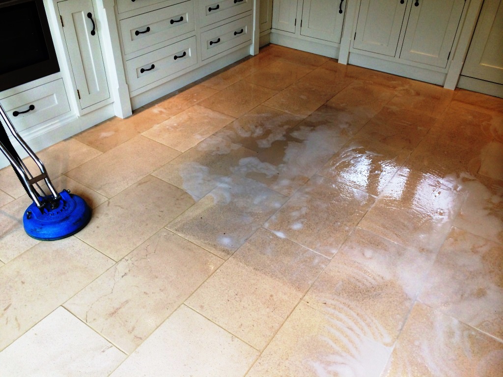 Limestone Kitchen Floor in Crookham during cleaning